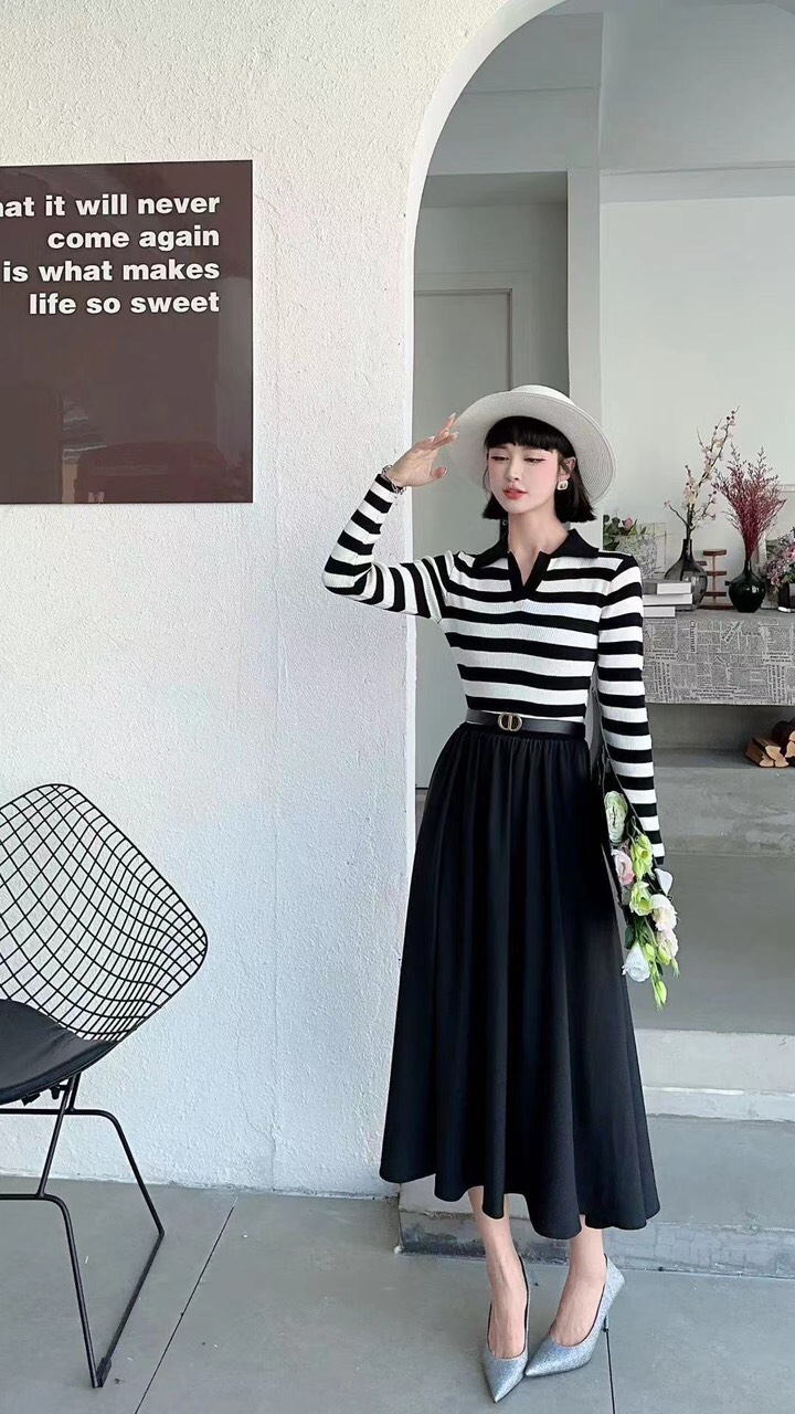 ĐẦM XÒE SỌC KÈM BELT D120